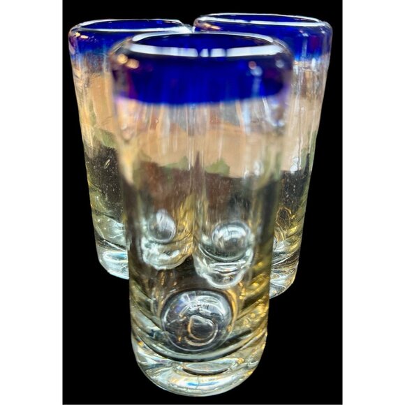 3 Mexican Hand Blown Shot Glass Blue Rim 4” - Picture 2 of 11
